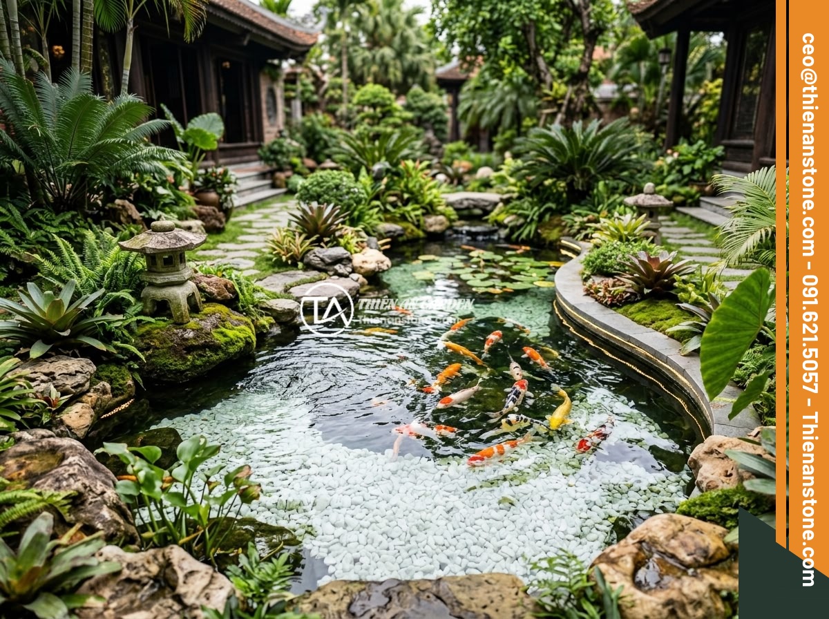 Case Study: Dự Án Nhà Ở Hà Nội Rải Đá Thạch Anh Vụn Dưới Nền Và Kết Quả - Beautiful Japanese-style Koi fish pond in a Vietnamese villa garden with white c
