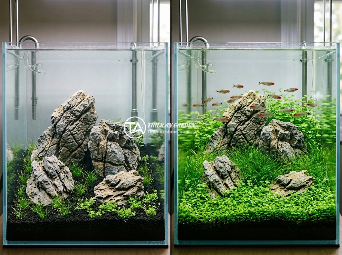 Case Study Setup Hồ Thủy Sinh Đá Da Voi Iwagumi Đẹp Mắt Kích Thước 60x45x45cm - Before and after comparison of Iwagumi elephant skin stone aquascape, left side 