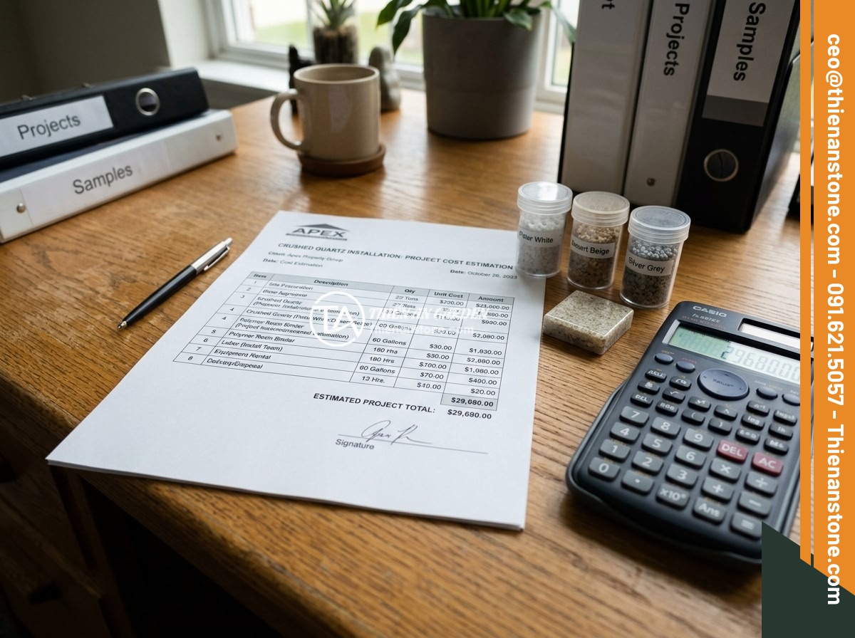 Checklist 7 Bước Rải Đá Thạch Anh Vụn Dưới Nền Nhà Hợp Phong Thủy - A professional cost estimation document for crushed quartz installation project 