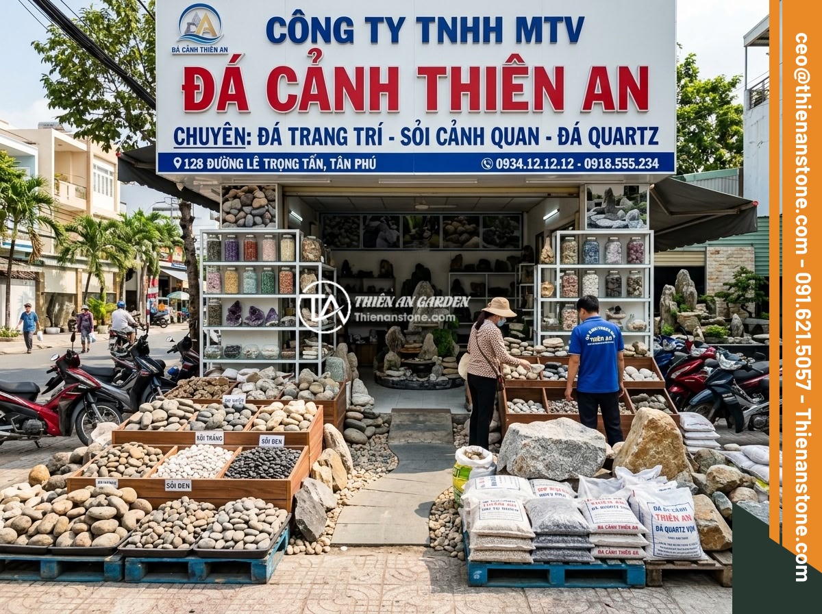 Checklist 7 Bước Rải Đá Thạch Anh Vụn Dưới Nền Nhà Hợp Phong Thủy - The storefront and showroom of Da Canh Thien An natural stone company, displayin