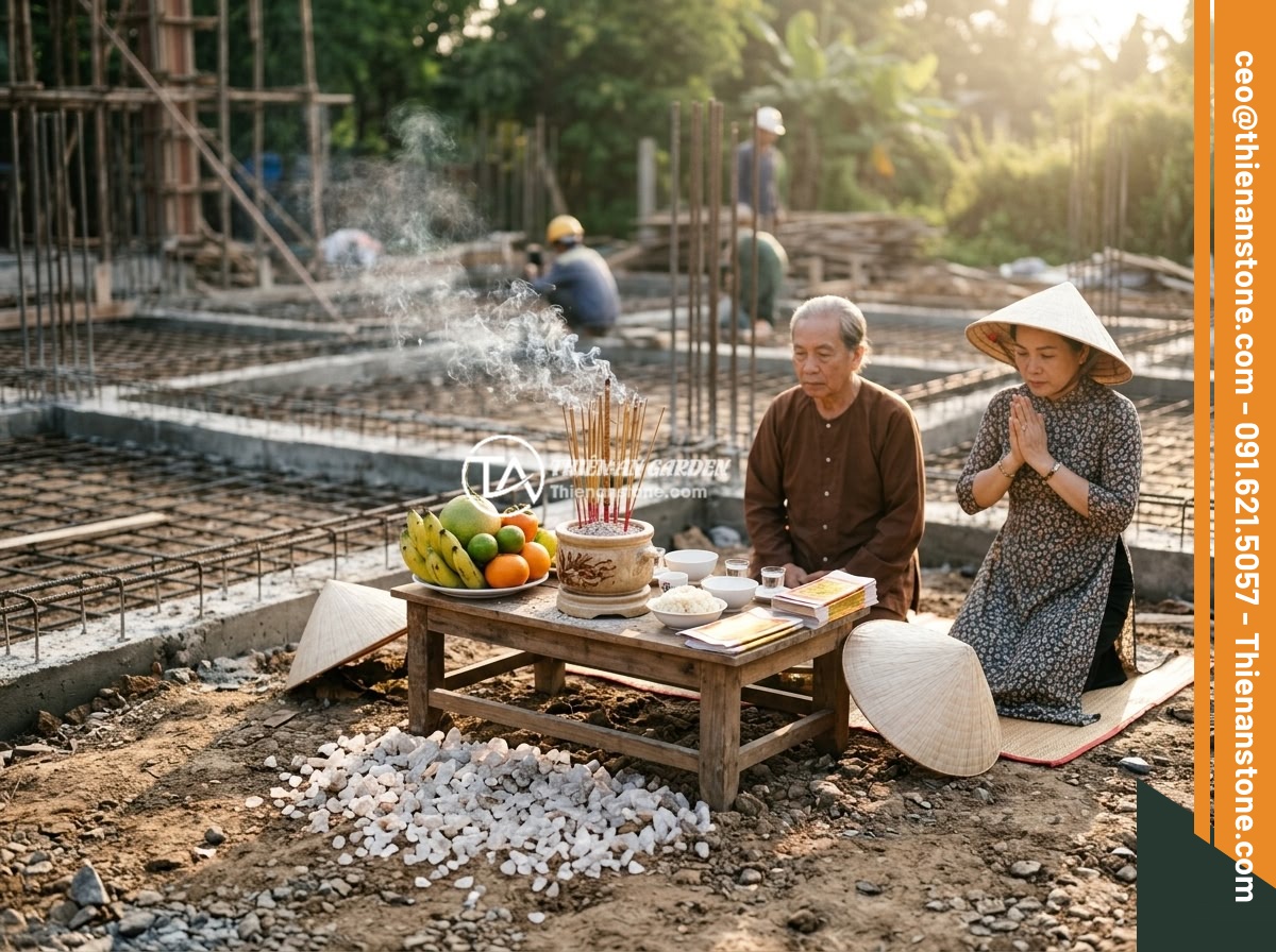 Checklist 7 Bước Rải Đá Thạch Anh Vụn Dưới Nền Nhà Hợp Phong Thủy - A traditional Vietnamese feng shui ceremony setup with incense, offerings and cr