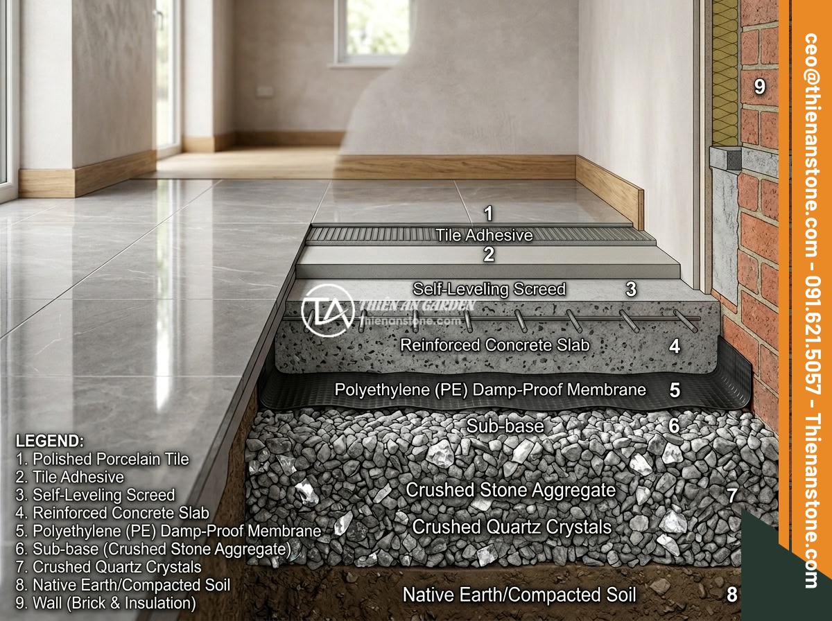 Checklist 7 Bước Rải Đá Thạch Anh Vụn Dưới Nền Nhà Hợp Phong Thủy - A completed house floor with polished tiles, cross-section diagram showing layer