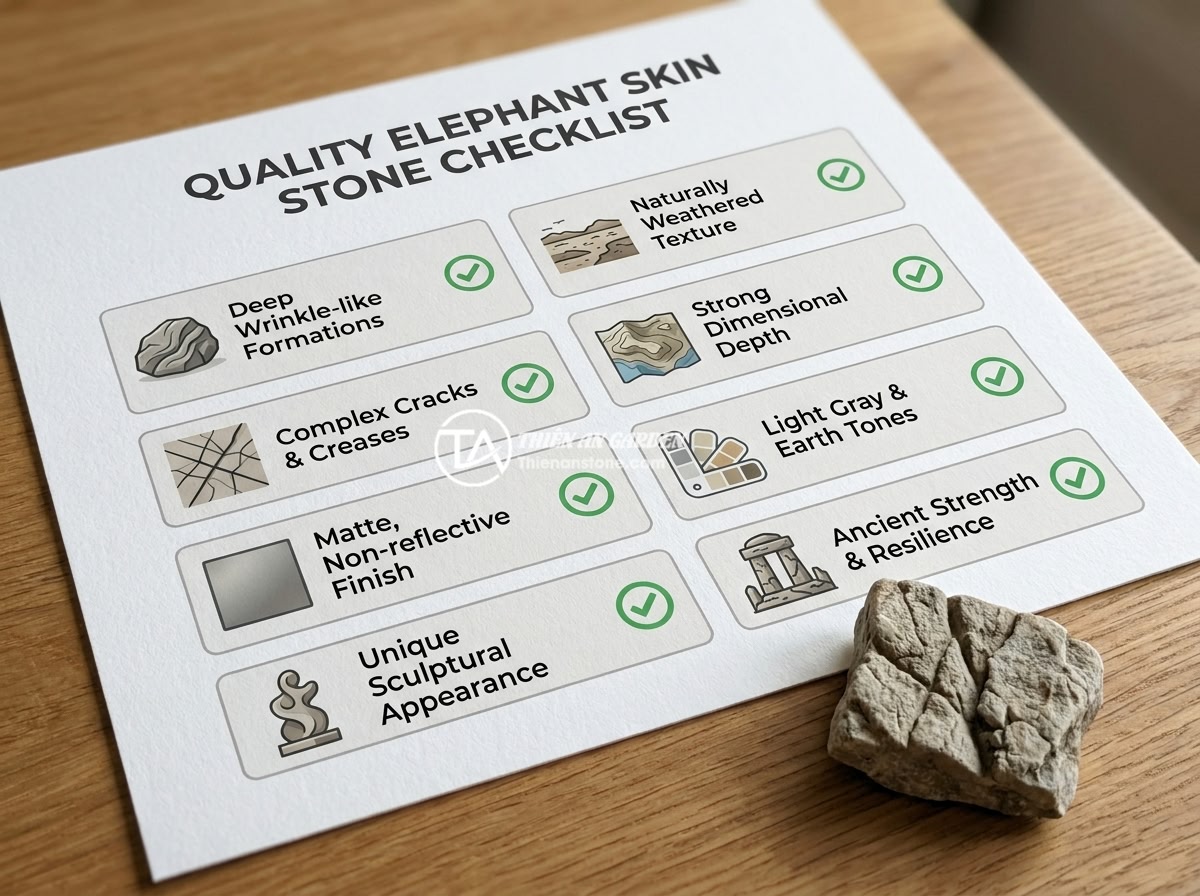 Checklist 8 Tiêu Chí Chọn Đá Da Voi Thủy Sinh Chất Lượng Trước Khi Mua - Infographic checklist of 8 criteria for choosing quality elephant skin stone, cl