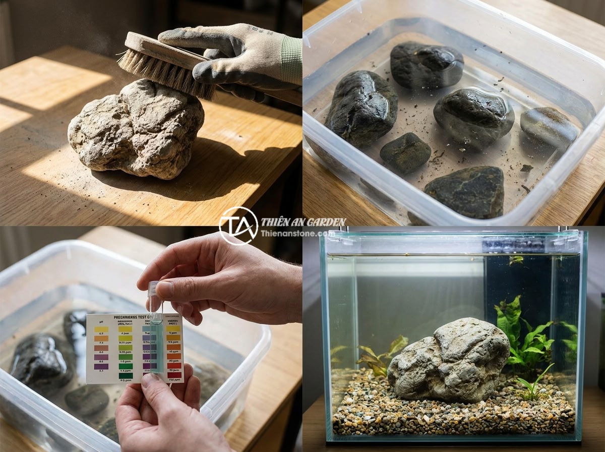 Checklist 8 Tiêu Chí Chọn Đá Da Voi Thủy Sinh Chất Lượng Trước Khi Mua - Step-by-step process of cleaning and preparing elephant skin stone for aquarium 