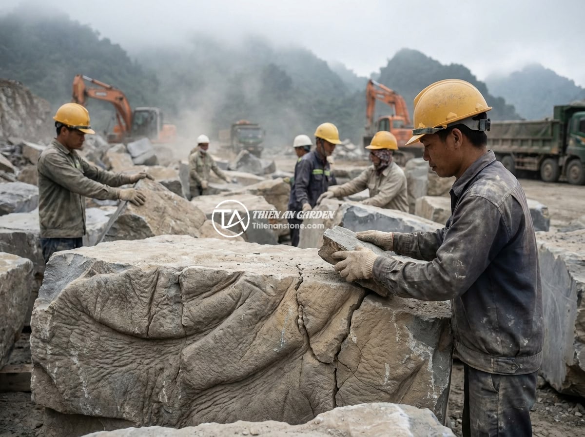 Checklist 8 Tiêu Chí Chọn Đá Da Voi Thủy Sinh Chất Lượng Trước Khi Mua - Quarry site of natural elephant skin stone in Vietnamese mountainous region, wor