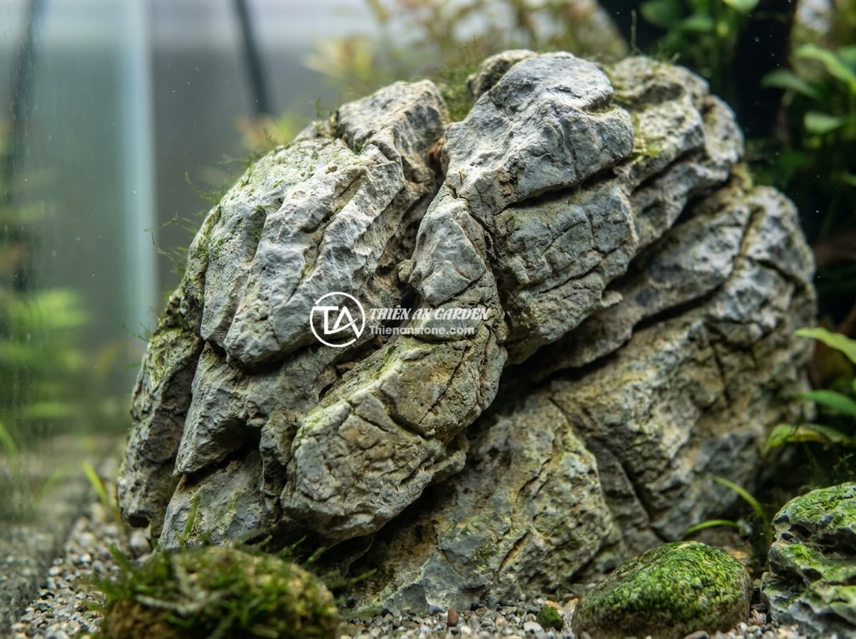 Checklist 8 Tiêu Chí Chọn Đá Da Voi Thủy Sinh Chất Lượng Trước Khi Mua - Elephant skin stone submerged in clear aquarium water, showing durability and co