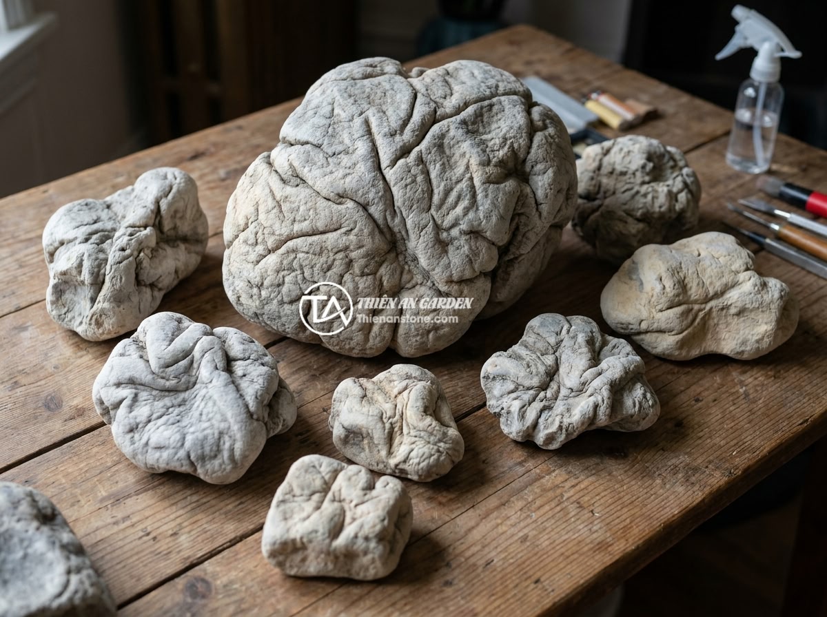Checklist 8 Tiêu Chí Chọn Đá Da Voi Thủy Sinh Chất Lượng Trước Khi Mua - Various sizes of elephant skin stones arranged for aquascaping layout, showing m