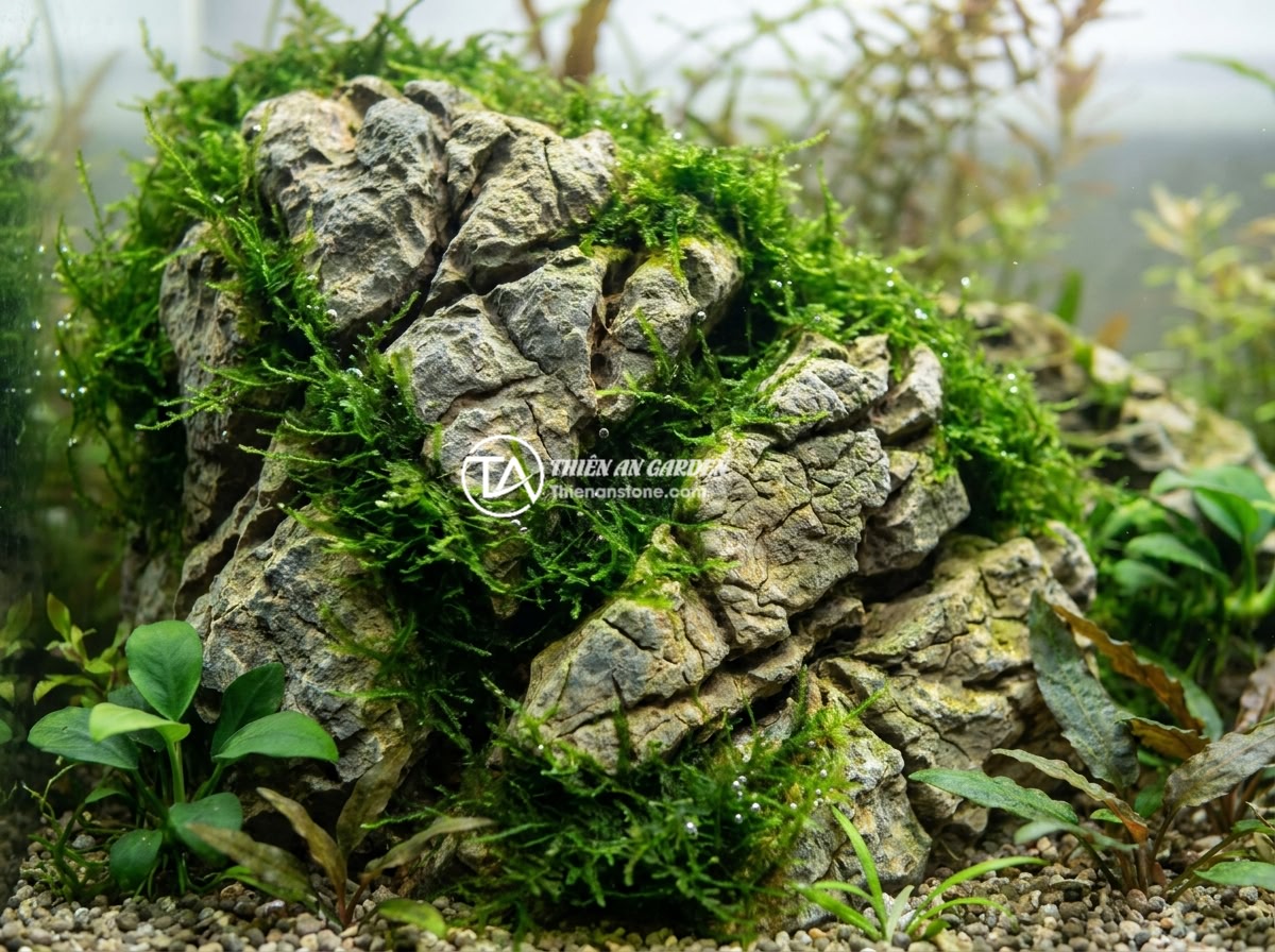Checklist 8 Tiêu Chí Chọn Đá Da Voi Thủy Sinh Chất Lượng Trước Khi Mua - Elephant skin stone covered with lush green Java moss in a planted aquarium, sho
