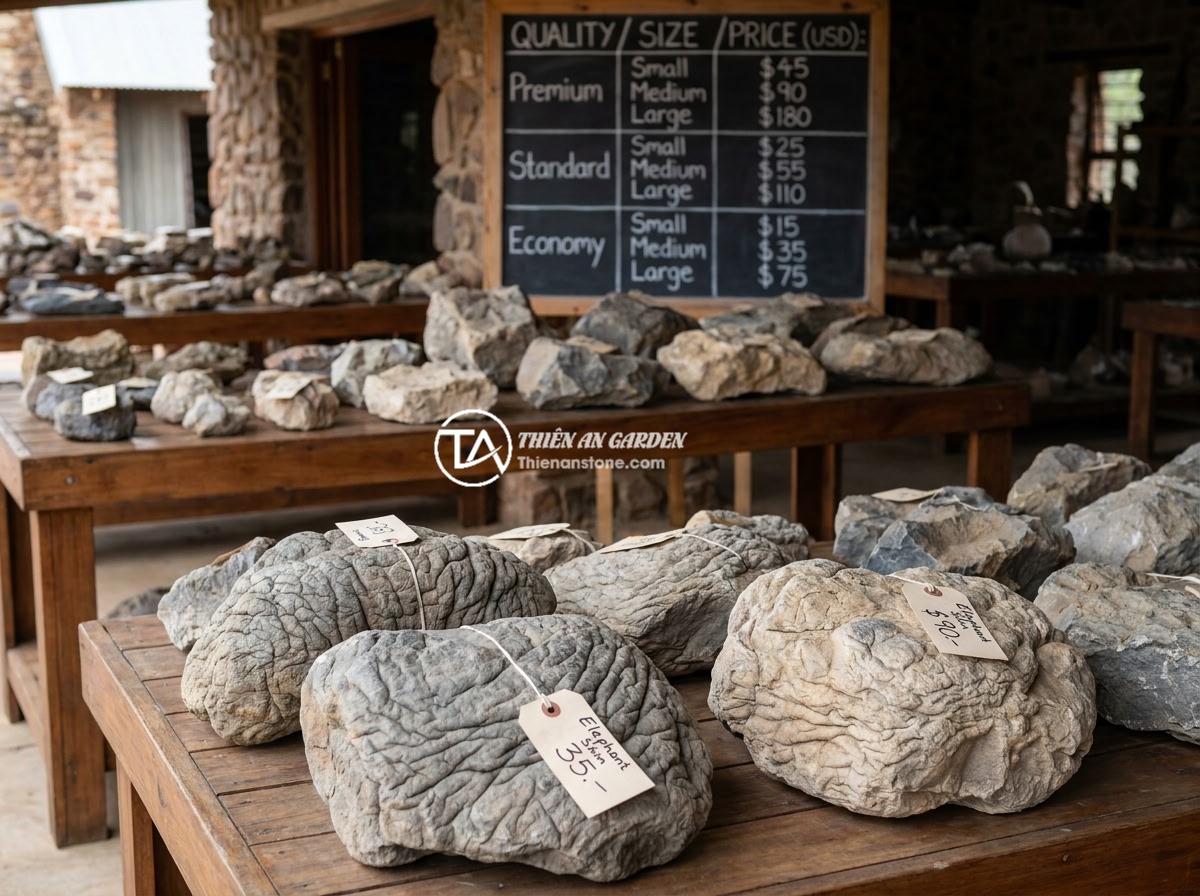 Checklist 8 Tiêu Chí Chọn Đá Da Voi Thủy Sinh Chất Lượng Trước Khi Mua - Price comparison chart of elephant skin stones of different qualities and sizes 
