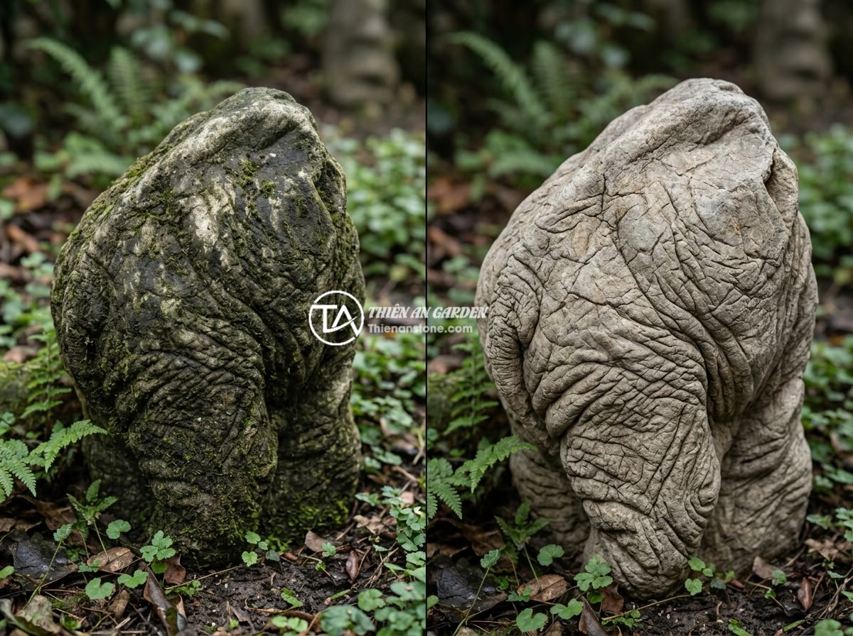 Checklist Vệ Sinh Định Kỳ Đá Da Voi Trong Bể Thủy Sinh Và Tiểu Cảnh Sân Vườn - Before and after comparison of elephant skin stone in a garden setting, left sid