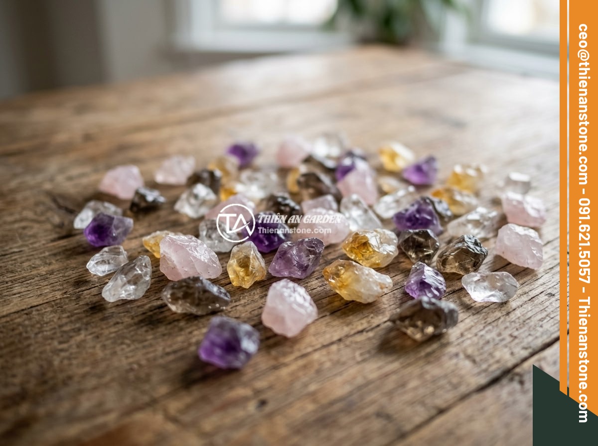 Có Nên Để Đá Thạch Anh Vụn Trong Phòng Ngủ? Lời Khuyên Từ Chuyên Gia - A variety of crushed quartz stones in different colors including clear, rose pin