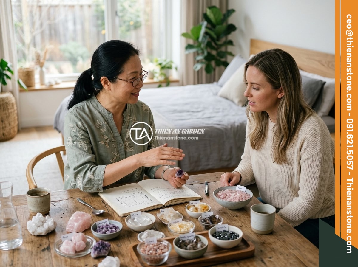 Có Nên Để Đá Thạch Anh Vụn Trong Phòng Ngủ? Lời Khuyên Từ Chuyên Gia - A feng shui expert consulting with a homeowner about placement of crushed quartz