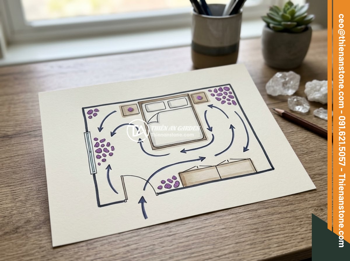 Có Nên Để Đá Thạch Anh Vụn Trong Phòng Ngủ? Lời Khuyên Từ Chuyên Gia - A feng shui diagram showing optimal positions for placing crushed quartz stones 