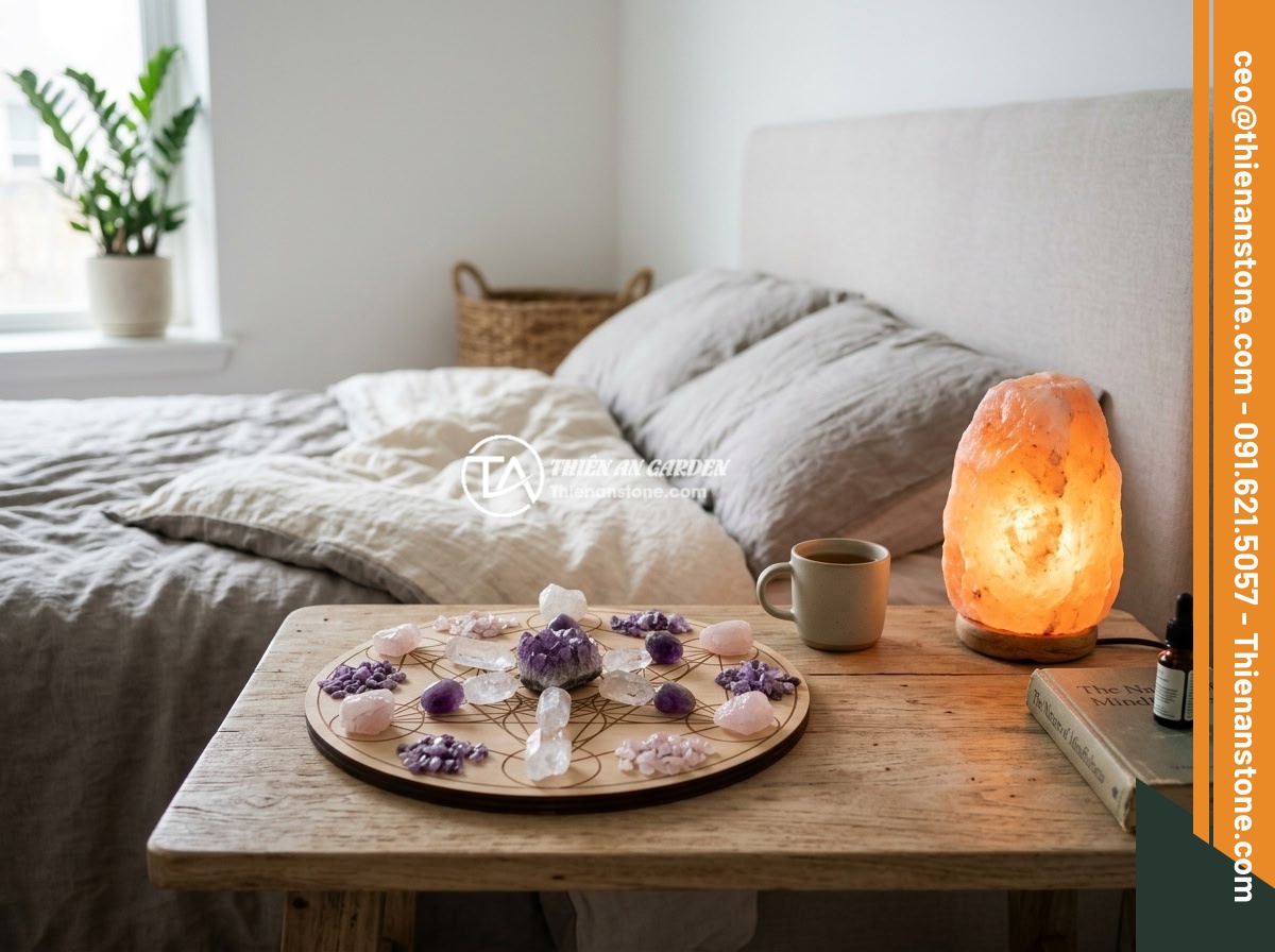 Có Nên Để Đá Thạch Anh Vụn Trong Phòng Ngủ? Lời Khuyên Từ Chuyên Gia - A beautifully arranged crystal grid with crushed amethyst and rose quartz stones