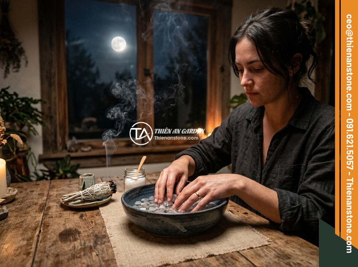 Có Nên Để Đá Thạch Anh Vụn Trong Phòng Ngủ? Lời Khuyên Từ Chuyên Gia - A person performing a cleansing ritual for crushed quartz stones by placing them