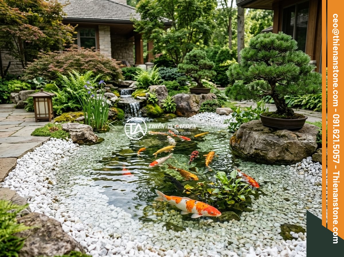 Có Nên Để Đá Thạch Anh Vụn Trong Phòng Ngủ? Lời Khuyên Từ Chuyên Gia - A beautifully designed koi pond with crushed white quartz stones lining the edge