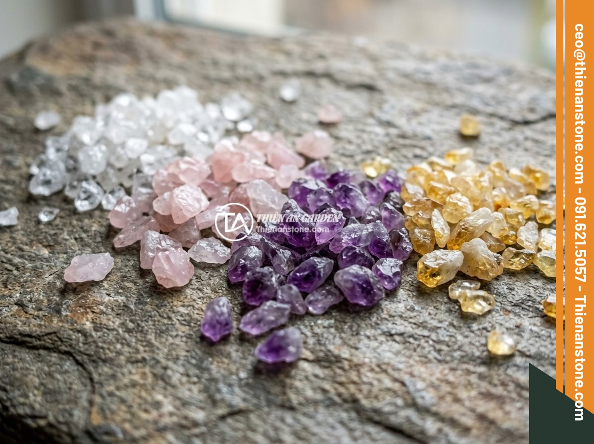 Có Nên Rải Đá Thạch Anh Vụn Dưới Móng Nhà Không? Chuyên Gia Phong Thủy Giải Đáp - Close-up of various types of crushed quartz crystals in different colors includi