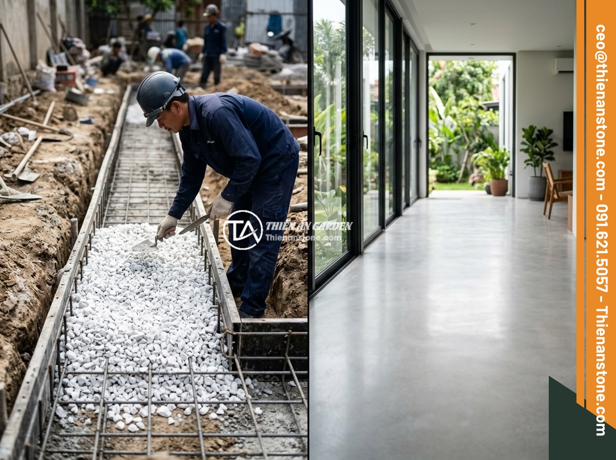 Có Nên Rải Đá Thạch Anh Vụn Dưới Móng Nhà Không? Chuyên Gia Phong Thủy Giải Đáp - Hình 10 Có Nên Rải Đá Thạch Anh Vụn Dưới Móng Nhà Không? Chuyên Gia Phong Thủy Giải Đáp - Before and after comparison of a house foundation construction, showing the crus