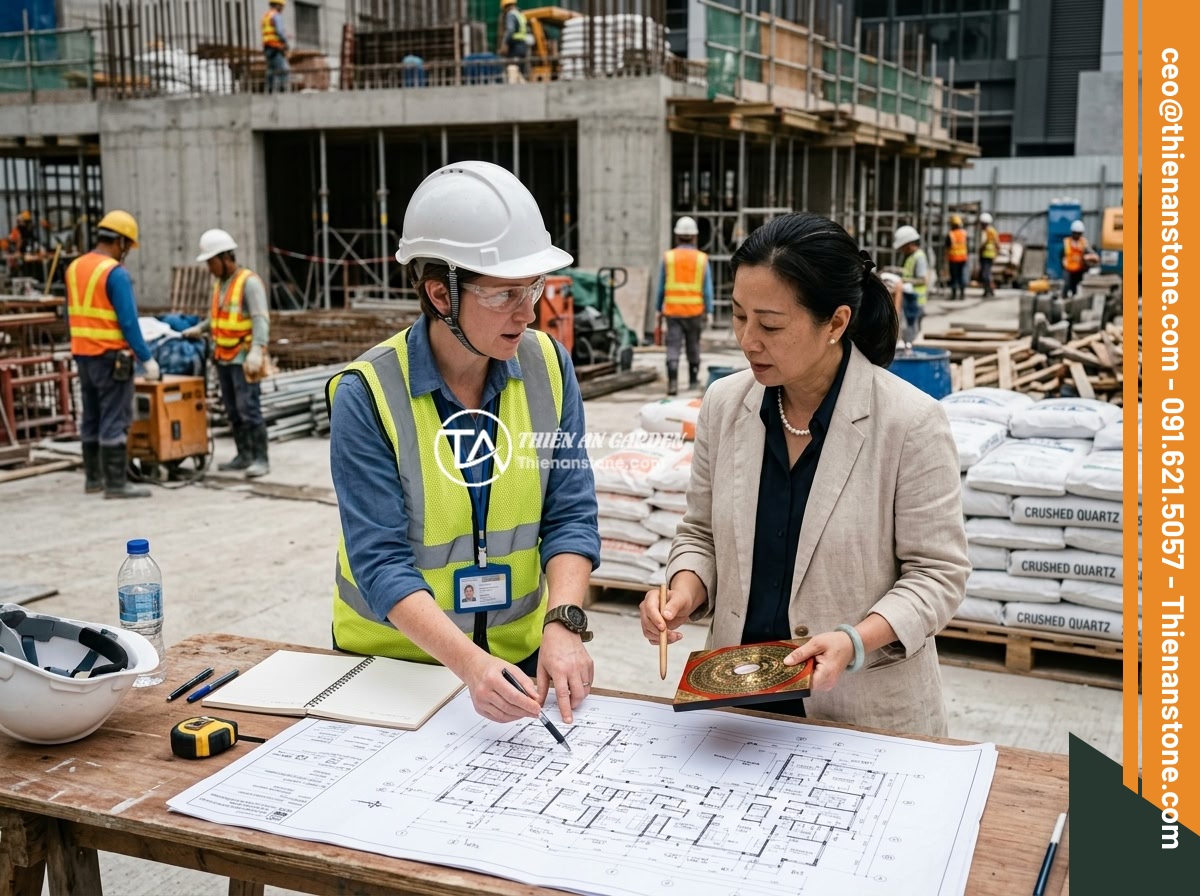 Có Nên Rải Đá Thạch Anh Vụn Dưới Móng Nhà Không? Chuyên Gia Phong Thủy Giải Đáp - Hình 11 Có Nên Rải Đá Thạch Anh Vụn Dưới Móng Nhà Không? Chuyên Gia Phong Thủy Giải Đáp - An engineer and a feng shui expert discussing over architectural blueprints at a