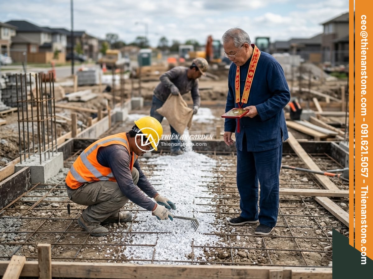 Có Nên Rải Đá Thạch Anh Vụn Dưới Móng Nhà Không? Chuyên Gia Phong Thủy Giải Đáp - Hình 2 Có Nên Rải Đá Thạch Anh Vụn Dưới Móng Nhà Không? Chuyên Gia Phong Thủy Giải Đáp - Feng shui master examining crushed quartz crystals being laid on a house foundat
