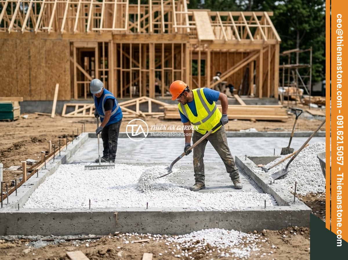 Có Nên Rải Đá Thạch Anh Vụn Dưới Móng Nhà Không? Chuyên Gia Phong Thủy Giải Đáp - Hình 4 Có Nên Rải Đá Thạch Anh Vụn Dưới Móng Nhà Không? Chuyên Gia Phong Thủy Giải Đáp - Construction workers carefully spreading a thick layer of white crushed quartz s