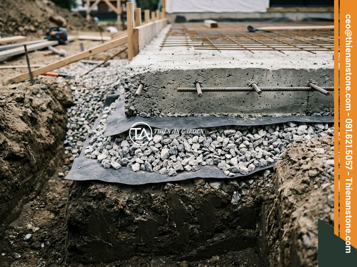 Có Nên Rải Đá Thạch Anh Vụn Dưới Móng Nhà Không? Chuyên Gia Phong Thủy Giải Đáp - Hình 6 Có Nên Rải Đá Thạch Anh Vụn Dưới Móng Nhà Không? Chuyên Gia Phong Thủy Giải Đáp - A detailed view of properly layered house foundation showing crushed quartz ston
