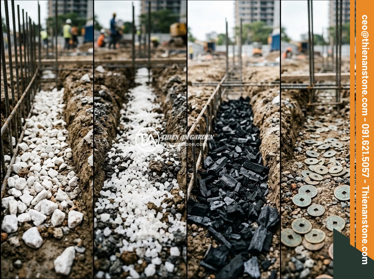 Có Nên Rải Đá Thạch Anh Vụn Dưới Móng Nhà Không? Chuyên Gia Phong Thủy Giải Đáp - Hình 9 Có Nên Rải Đá Thạch Anh Vụn Dưới Móng Nhà Không? Chuyên Gia Phong Thủy Giải Đáp - Split comparison image showing four different feng shui foundation methods side