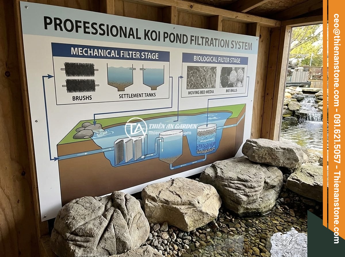 Đá Da Voi Có An Toàn Cho Cá Cảnh, Hồ Koi Không? Có Gây Độc Hoặc Ảnh Hưởng pH Không? - Professional Koi pond filtration system diagram showing mechanical and biologica