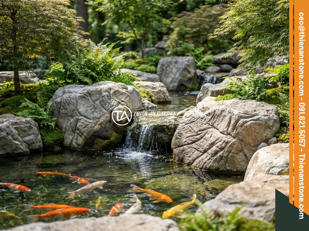 Đá Da Voi Có An Toàn Cho Cá Cảnh, Hồ Koi Không? Có Gây Độc Hoặc Ảnh Hưởng pH Không? - Beautiful completed Koi pond project by Thien An Stone featuring elephant skin s