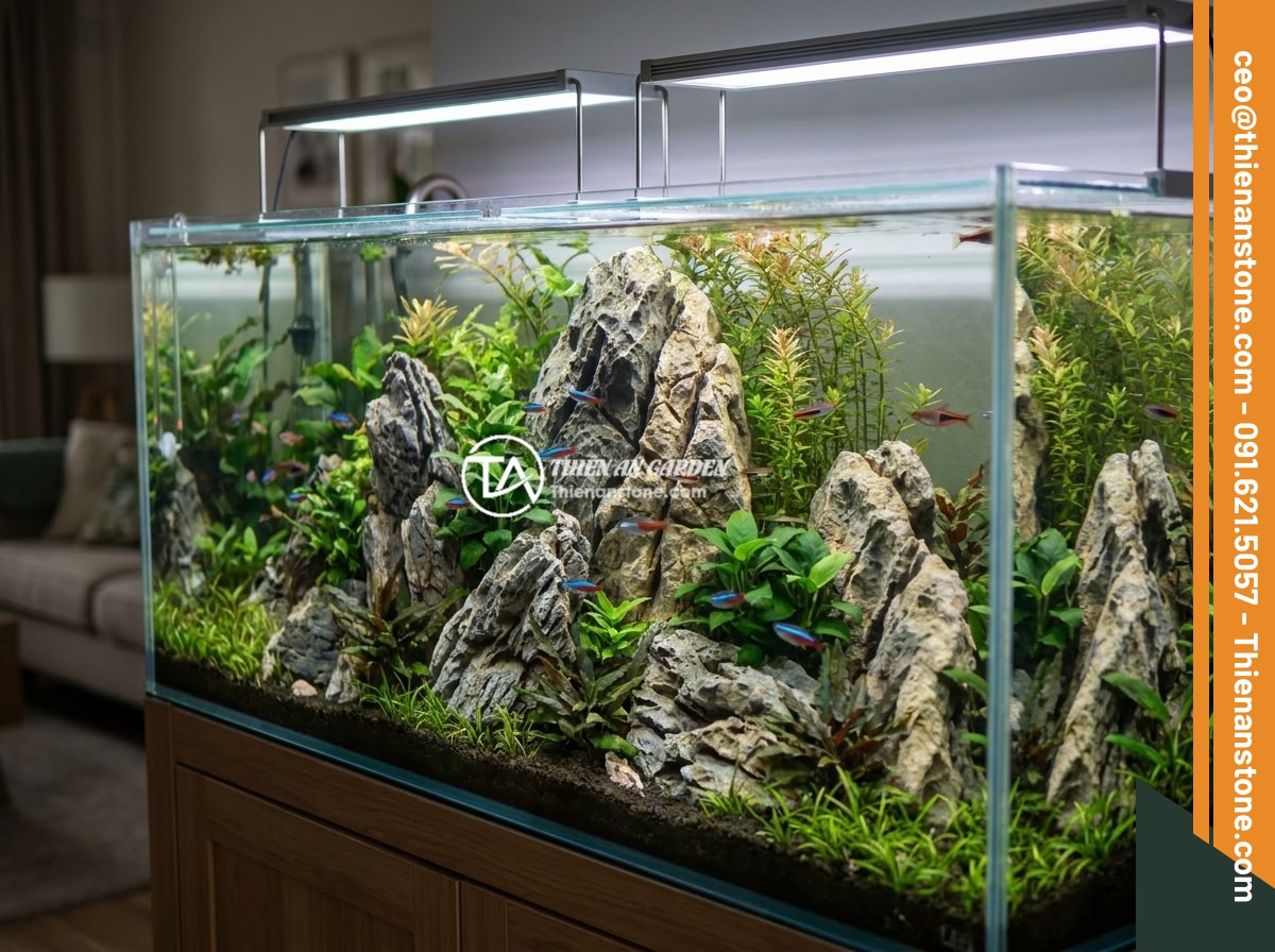 Đá Da Voi Có An Toàn Cho Cá Cảnh, Hồ Koi Không? Có Gây Độc Hoặc Ảnh Hưởng pH Không? - Beautiful aquascape aquarium with elephant skin stones arranged as mountain layo