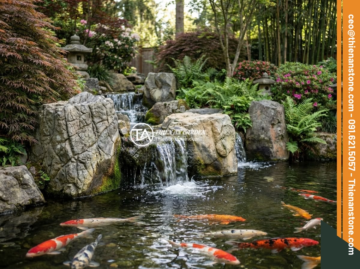 Đá Da Voi Có An Toàn Cho Cá Cảnh, Hồ Koi Không? Có Gây Độc Hoặc Ảnh Hưởng pH Không? - Large outdoor Koi pond with elephant skin stones arranged as natural waterfall f