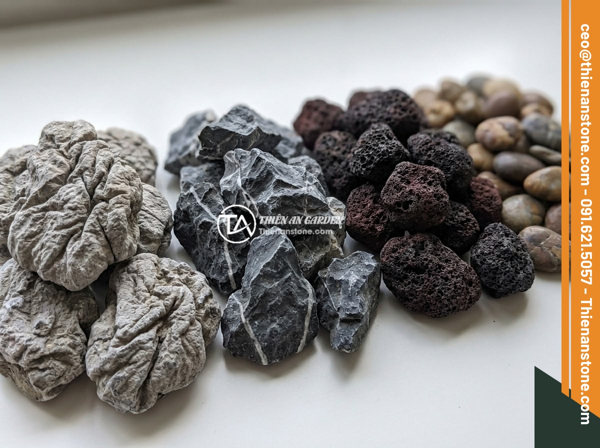 Đá Da Voi Có An Toàn Cho Cá Cảnh, Hồ Koi Không? Có Gây Độc Hoặc Ảnh Hưởng pH Không? - Comparison display of different aquarium stones including elephant skin stone, S