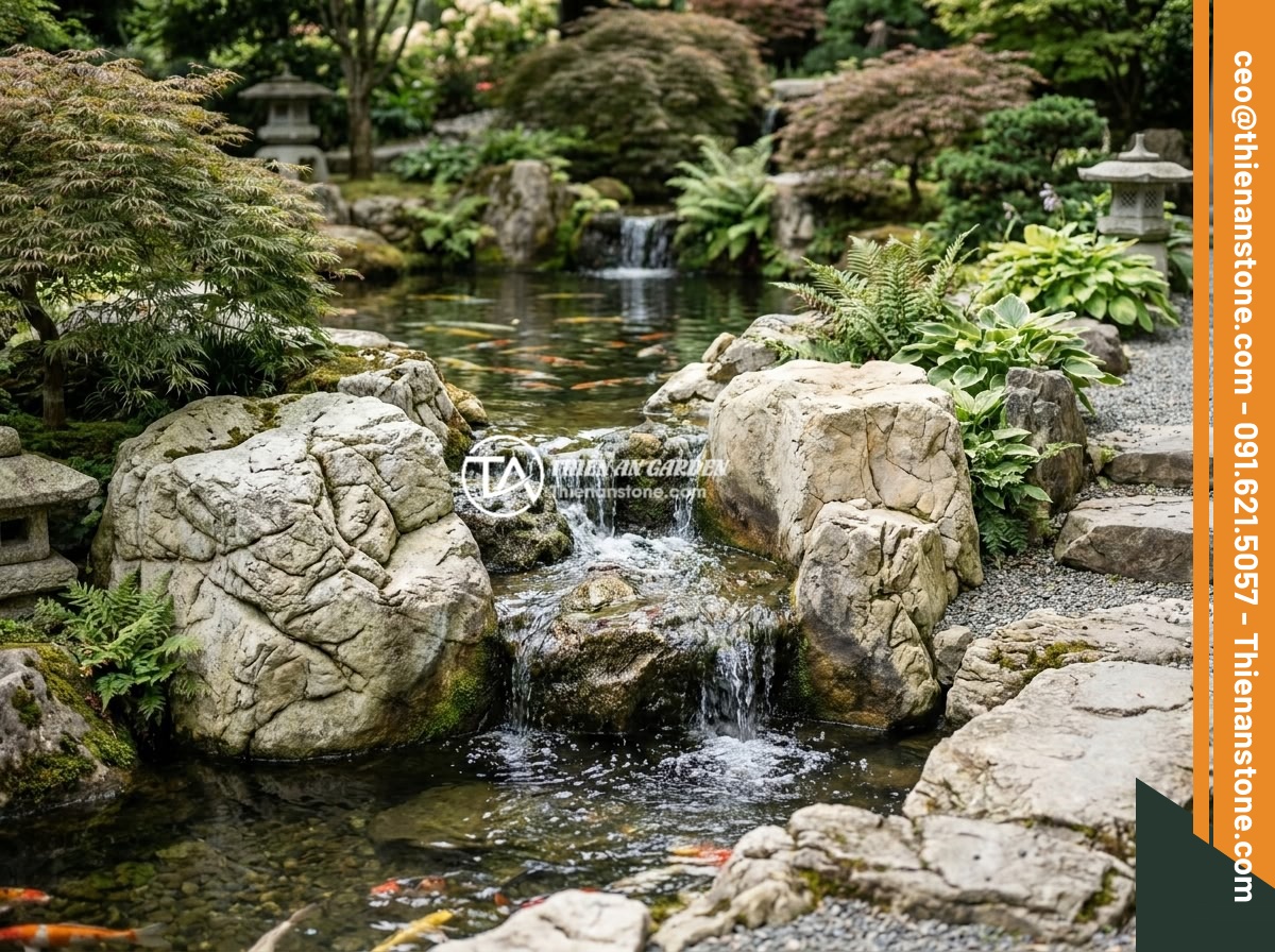 Đá Da Voi Có An Toàn Cho Cá Cảnh, Hồ Koi Không? Có Gây Độc Hoặc Ảnh Hưởng pH Không? - Professional Koi pond landscape design with elephant skin stones arranged as nat