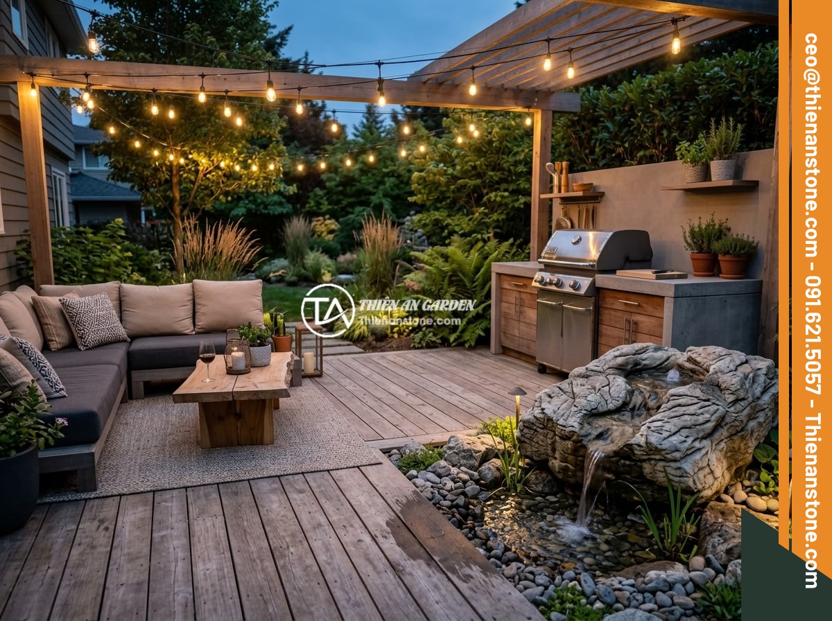 Đá Da Voi Trong Thiết Kế Sân Vườn Hiện Đại 2025-2026: Xu Hướng Kết Hợp Tiểu Cảnh & Hồ Cá - Hình 11 Đá Da Voi Trong Thiết Kế Sân Vườn Hiện Đại 2025-2026: Xu Hướng Kết Hợp Tiểu Cảnh & Hồ Cá - Modern outdoor living space combining elephant skin stone landscaping with woode