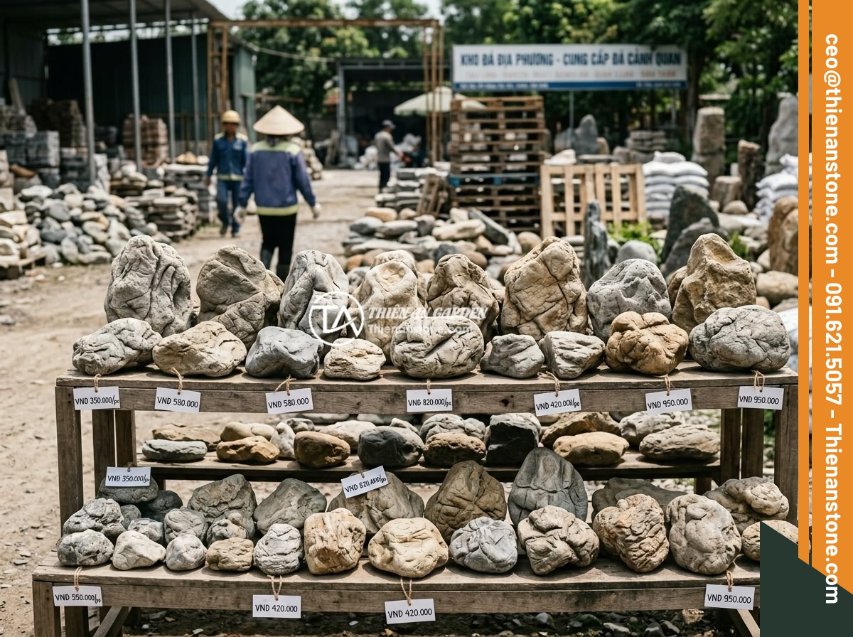 Đá Da Voi Trong Thiết Kế Sân Vườn Hiện Đại 2025-2026: Xu Hướng Kết Hợp Tiểu Cảnh & Hồ Cá - Hình 5 Đá Da Voi Trong Thiết Kế Sân Vườn Hiện Đại 2025-2026: Xu Hướng Kết Hợp Tiểu Cảnh & Hồ Cá - Display of various sizes and shapes of elephant skin stones at a Vietnamese ston