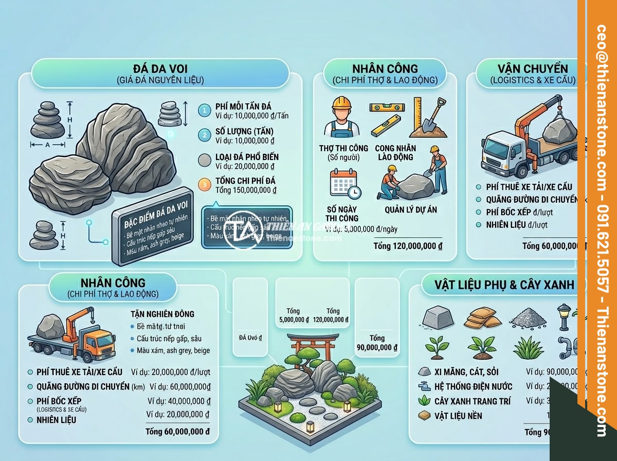 Đá Da Voi Trong Thiết Kế Sân Vườn Hiện Đại 2025-2026: Xu Hướng Kết Hợp Tiểu Cảnh & Hồ Cá - Hình 7 Đá Da Voi Trong Thiết Kế Sân Vườn Hiện Đại 2025-2026: Xu Hướng Kết Hợp Tiểu Cảnh & Hồ Cá - Infographic showing cost breakdown for elephant skin stone garden installation i