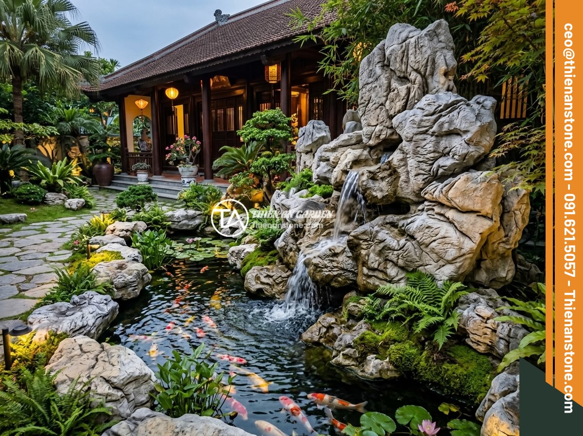 Đá Da Voi Trong Trang Trí Tiểu Cảnh Phong Thủy: Lợi Ích Và Cách Bố Trí Hợp Mệnh Gia Chủ - Hình 10 Đá Da Voi Trong Trang Trí Tiểu Cảnh Phong Thủy: Lợi Ích Và Cách Bố Trí Hợp Mệnh Gia Chủ - A luxurious completed elephant skin stone feng shui landscape project at a Vietn