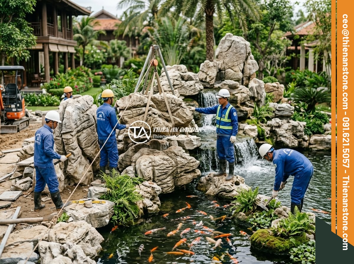 Đá Da Voi Trong Trang Trí Tiểu Cảnh Phong Thủy: Lợi Ích Và Cách Bố Trí Hợp Mệnh Gia Chủ - Hình 11 Đá Da Voi Trong Trang Trí Tiểu Cảnh Phong Thủy: Lợi Ích Và Cách Bố Trí Hợp Mệnh Gia Chủ - Professional team from Da Canh Thien An company working on a large elephant skin