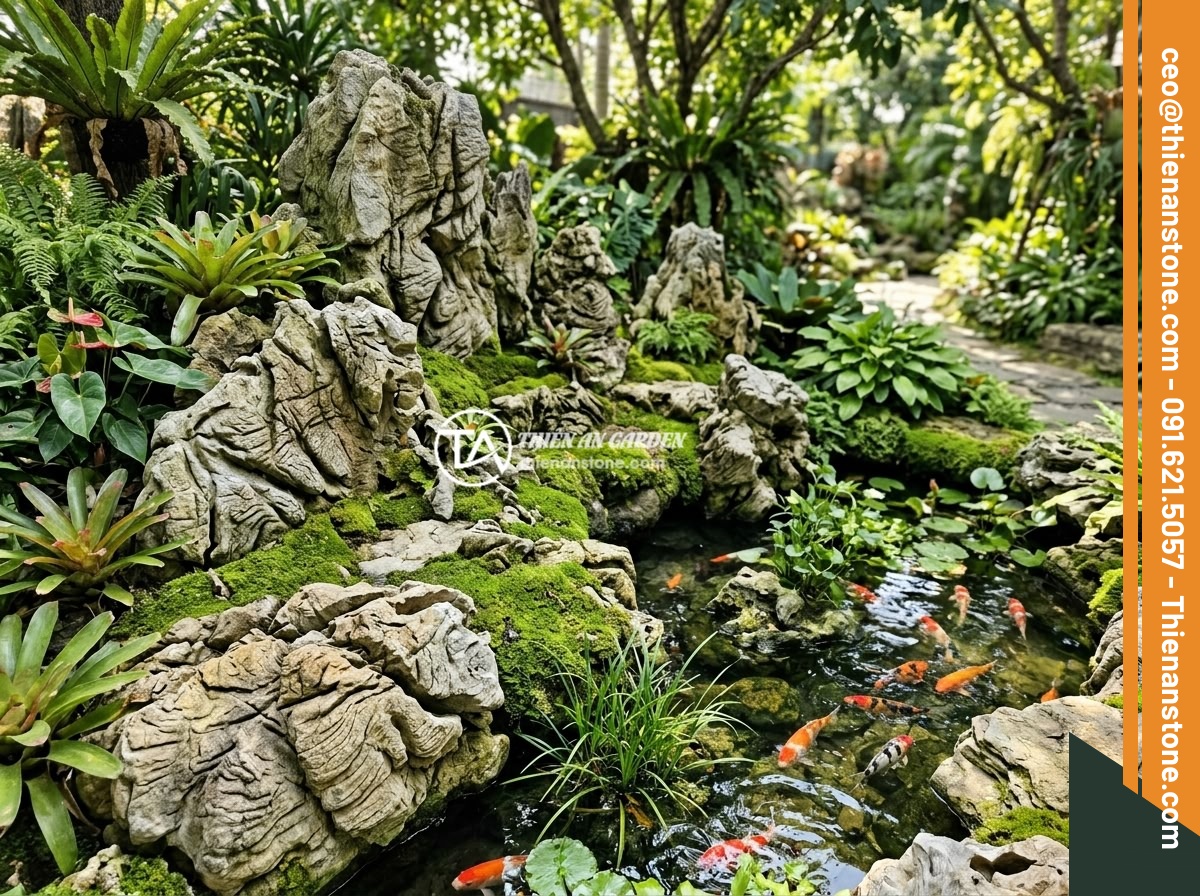 Đá Da Voi Trong Trang Trí Tiểu Cảnh Phong Thủy: Lợi Ích Và Cách Bố Trí Hợp Mệnh Gia Chủ - Hình 3 Đá Da Voi Trong Trang Trí Tiểu Cảnh Phong Thủy: Lợi Ích Và Cách Bố Trí Hợp Mệnh Gia Chủ - A beautiful outdoor garden with elephant skin stone miniature landscape, koi fis