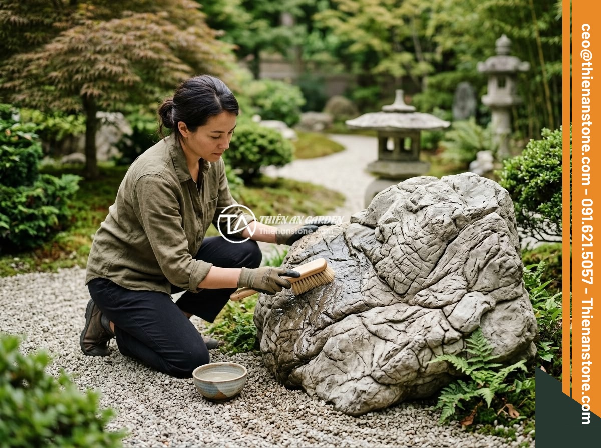 Đá Da Voi Trong Trang Trí Tiểu Cảnh Phong Thủy: Lợi Ích Và Cách Bố Trí Hợp Mệnh Gia Chủ - Hình 9 Đá Da Voi Trong Trang Trí Tiểu Cảnh Phong Thủy: Lợi Ích Và Cách Bố Trí Hợp Mệnh Gia Chủ - A person gently cleaning elephant skin stone with a soft brush and clean water,