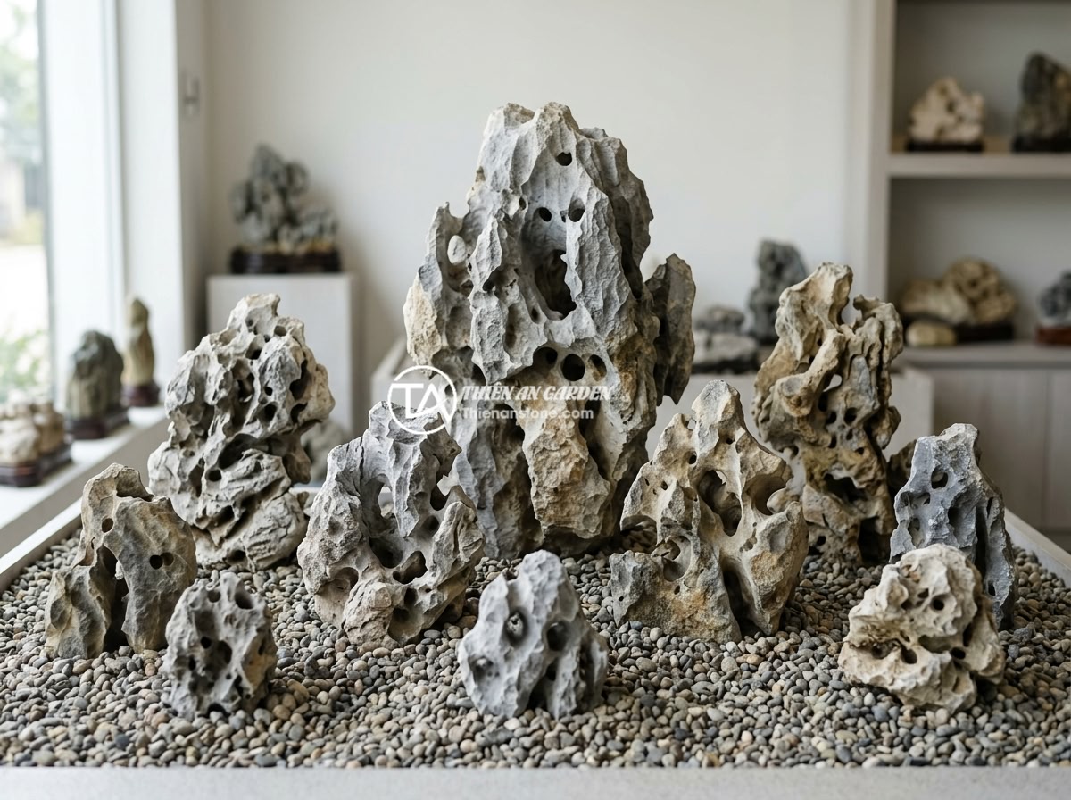 Đá tai mèo nhỏ < 50cm - Hình 10 Đá tai mèo nhỏ < 50cm - Variety of small cat ear stones in different sizes from 10cm to 50cm displayed o