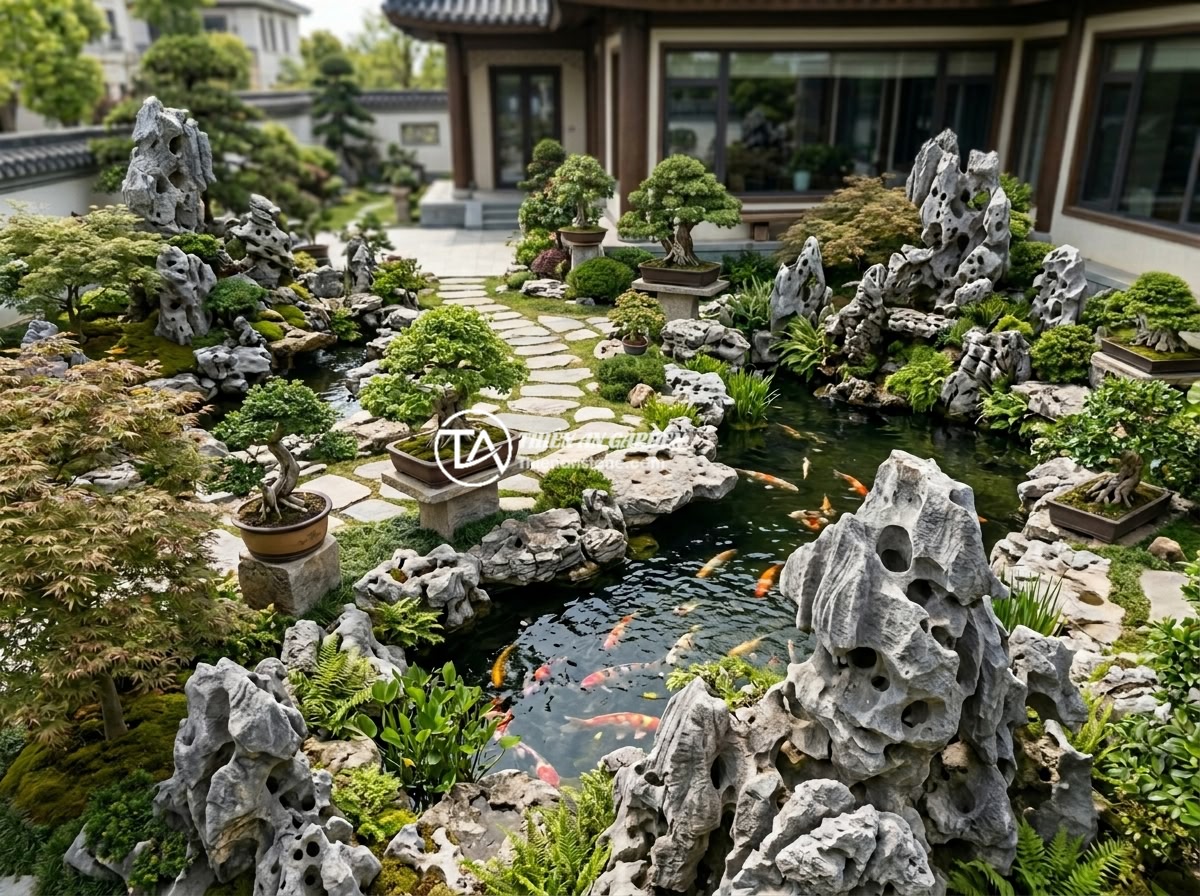 Đá tai mèo nhỏ < 50cm - Hình 12 Đá tai mèo nhỏ < 50cm - Real-life luxury villa garden project with multiple small cat ear stones integra