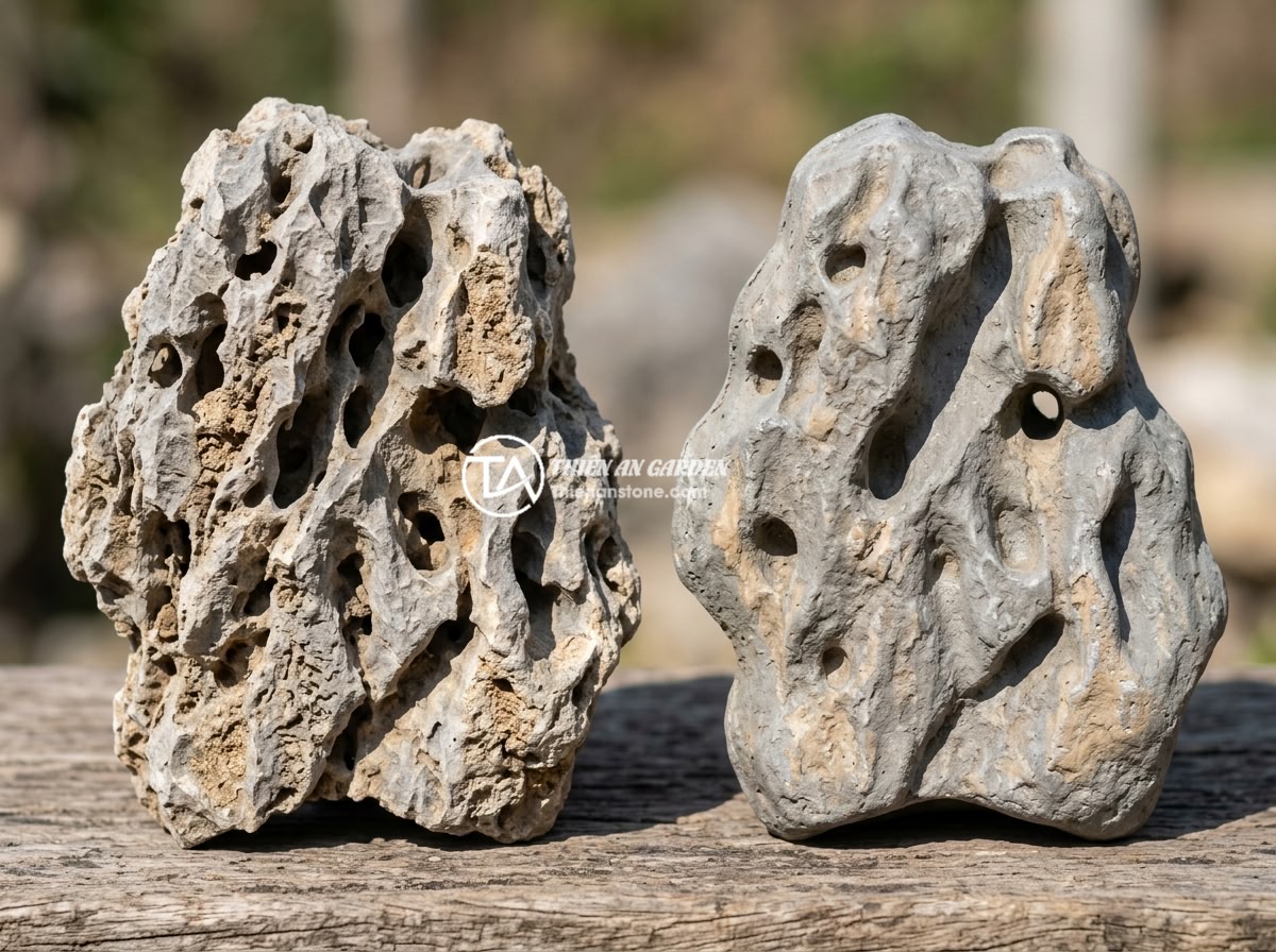 Đá tai mèo nhỏ < 50cm - Hình 6 Đá tai mèo nhỏ < 50cm - Side-by-side comparison of authentic natural cat ear stone and artificial fake s