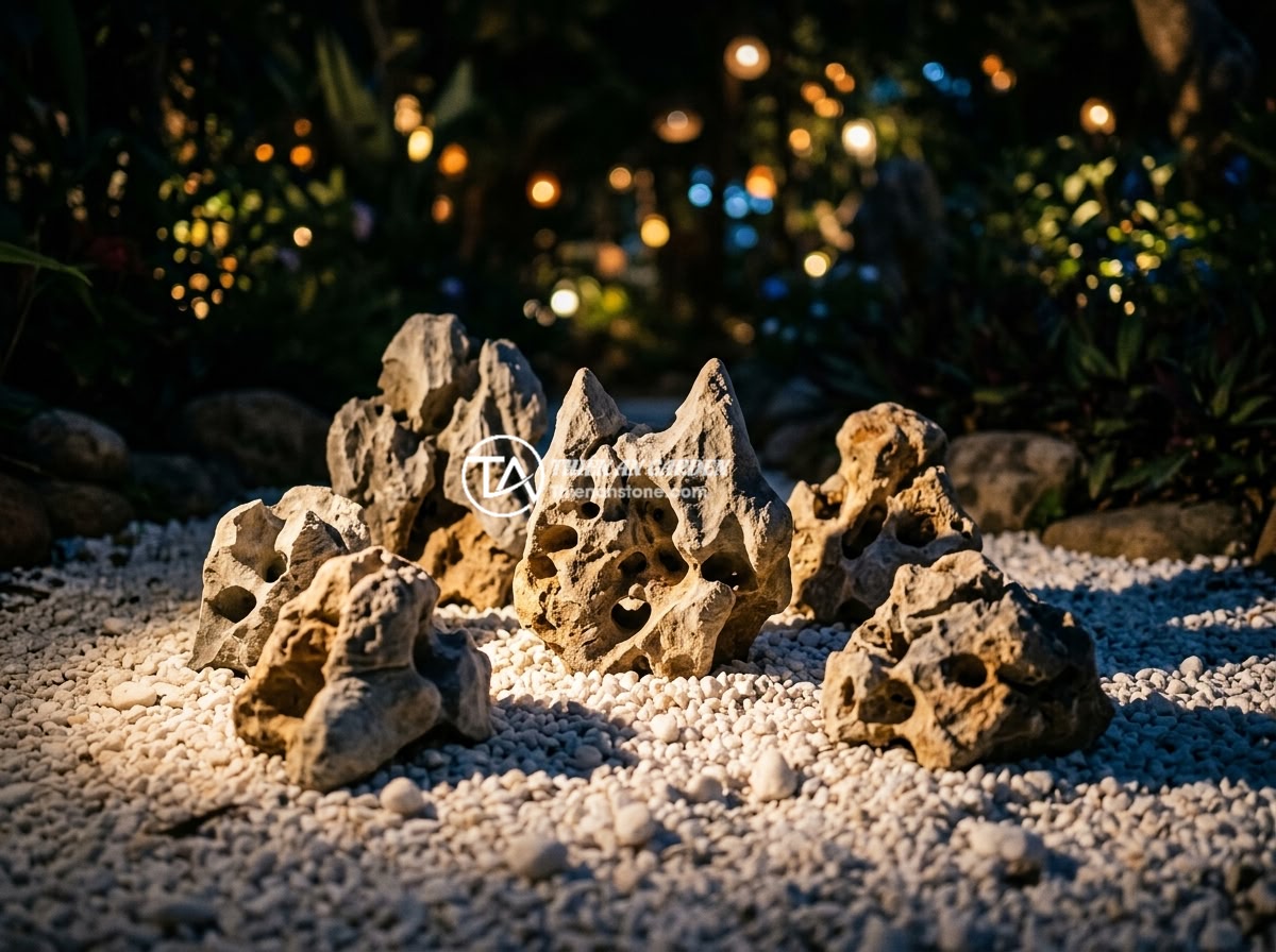 Đá tai mèo nhỏ < 50cm - Hình 8 Đá tai mèo nhỏ < 50cm - Small cat ear stones illuminated by warm garden spotlight at night, dramatic sha