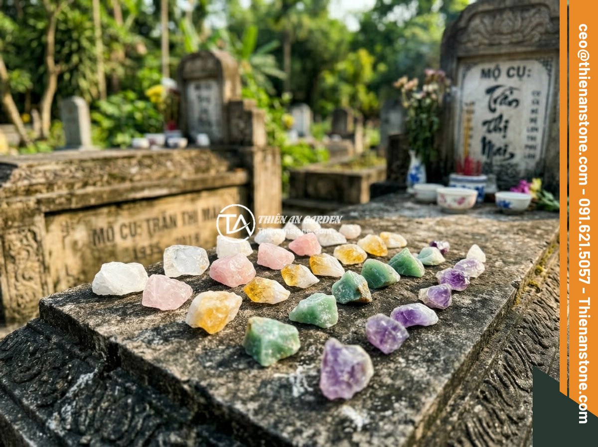 Đá Thạch Anh Ngũ Sắc Rải Mộ - Nên Chọn Màu Nào Và Ý Nghĩa Phong Thủy - Five-color quartz crystals scattered on a traditional Vietnamese tomb, showing w