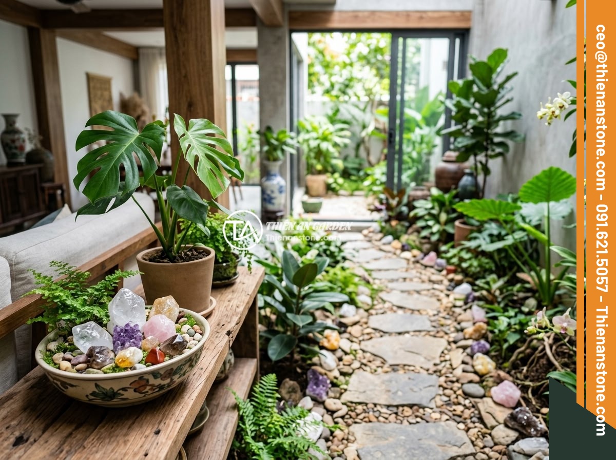 Đá Thạch Anh Ngũ Sắc Rải Mộ - Nên Chọn Màu Nào Và Ý Nghĩa Phong Thủy - Interior design application of five-color quartz crystals in a modern Vietnamese