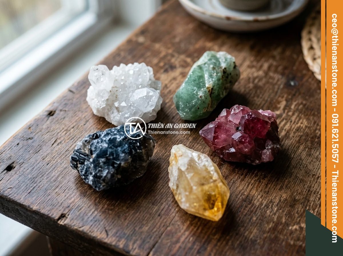 Đá Thạch Anh Ngũ Sắc Rải Mộ - Nên Chọn Màu Nào Và Ý Nghĩa Phong Thủy - Close-up of colorful quartz crystals representing five elements in feng shui - w
