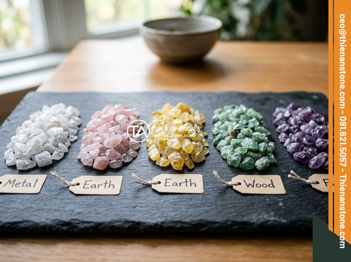 Đá Thạch Anh Ngũ Sắc Rải Mộ - Nên Chọn Màu Nào Và Ý Nghĩa Phong Thủy - Five separate piles of crushed quartz stones in white, pink, yellow, green, and 