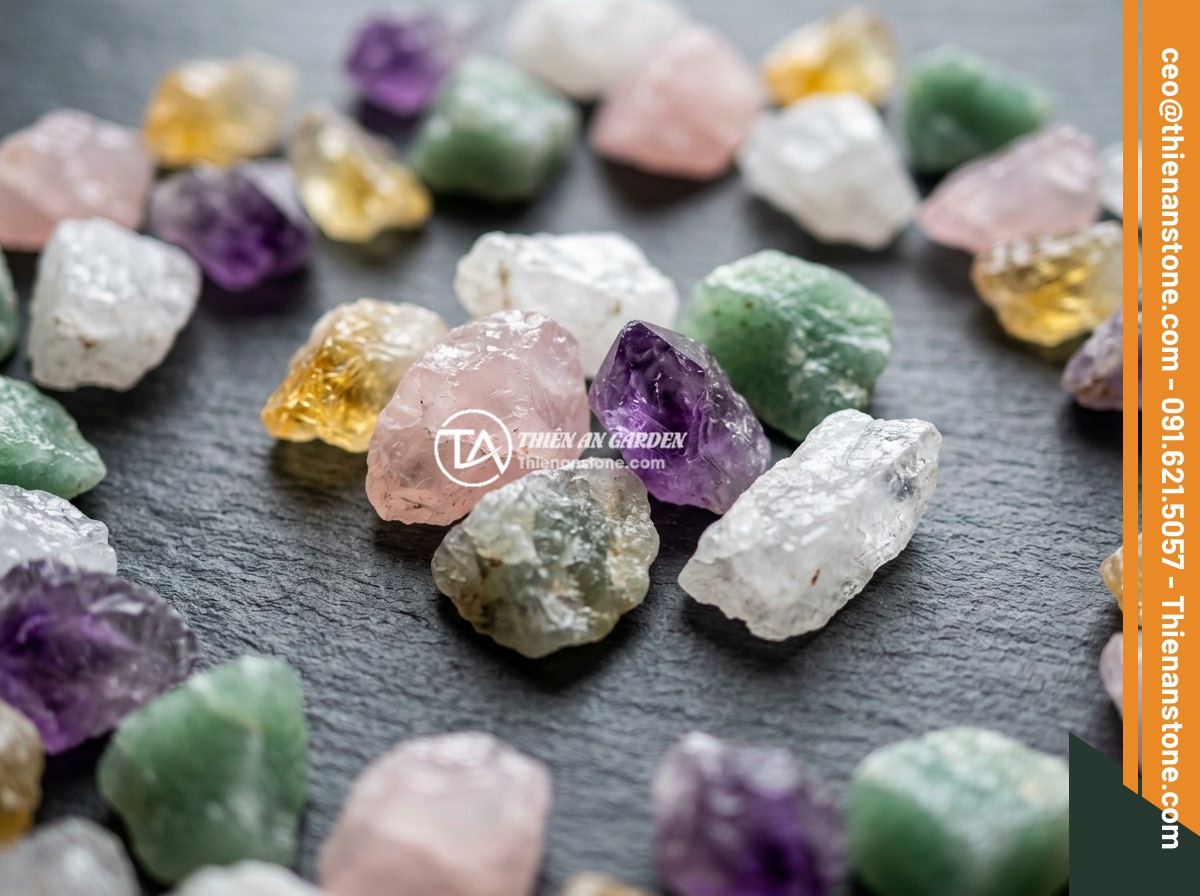 Đá Thạch Anh Ngũ Sắc Rải Mộ - Ý Nghĩa Phong Thủy Và Hướng Dẫn Chi Tiết - A close-up photo of five-color quartz stone mix including white, pink, yellow, p
