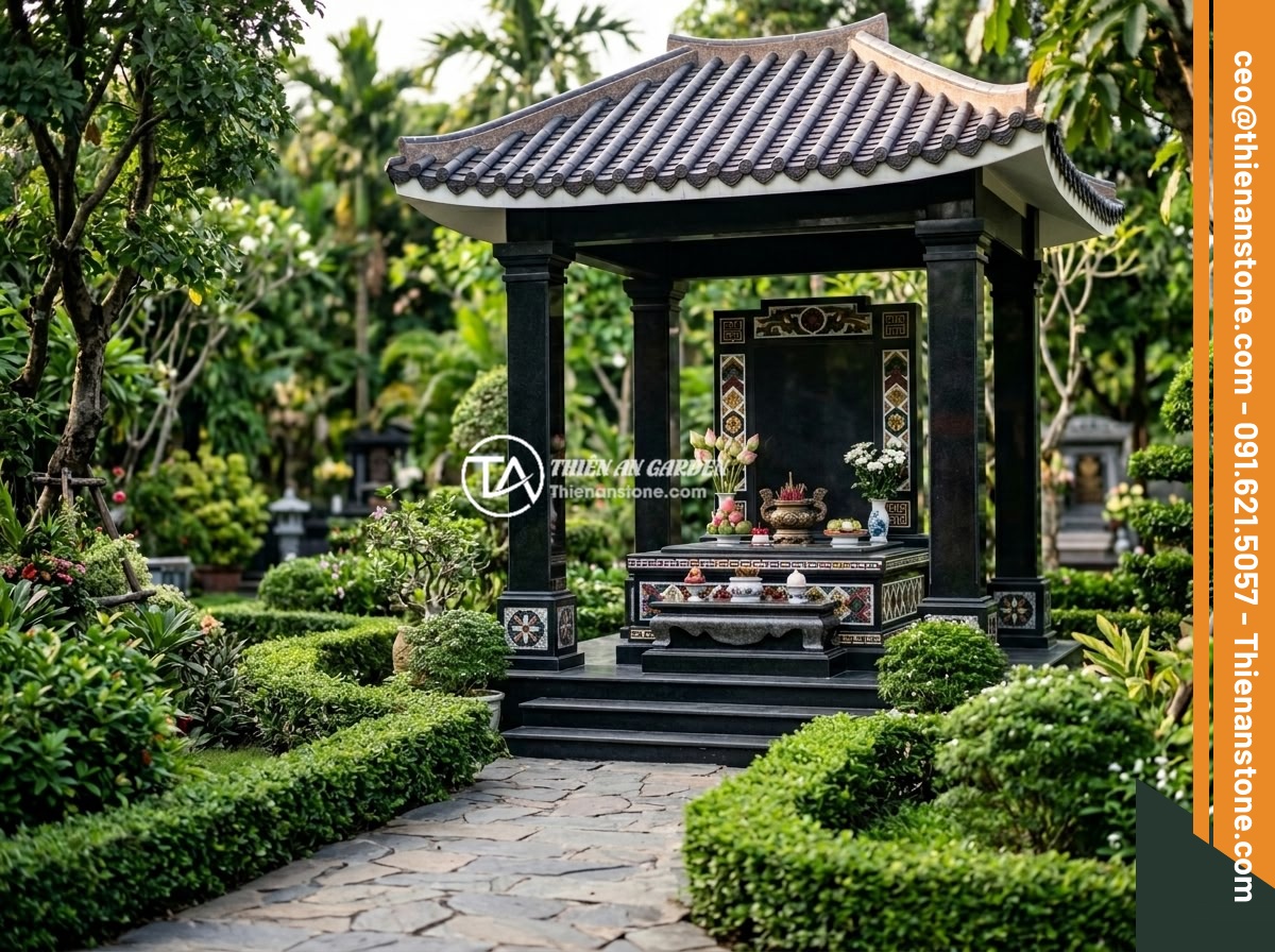 Đá Thạch Anh Ngũ Sắc Rải Mộ - Ý Nghĩa Phong Thủy Và Hướng Dẫn Chi Tiết - A modern premium Vietnamese mausoleum design featuring black granite tombstone b